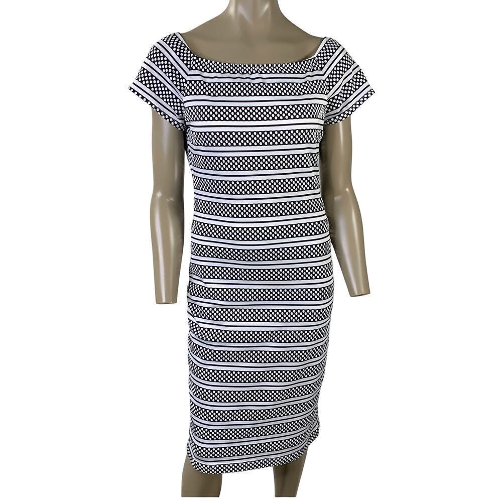 Bisou Bisou Short Sleeve Polka Dots Striped Sheath Dress Size 14 Black & White